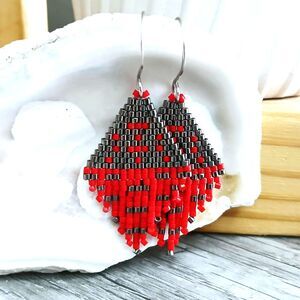Boho Chic Beaded Fringe Dangle Earrings, Red & Grey Seed Bead Jewelry, 2"